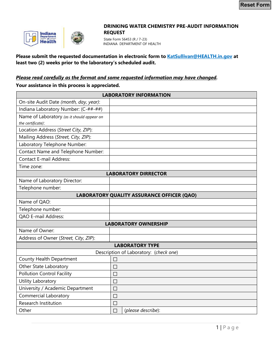 State Form 56453 Drinking Water Chemistry Pre-audit Information Request - Indiana, Page 1