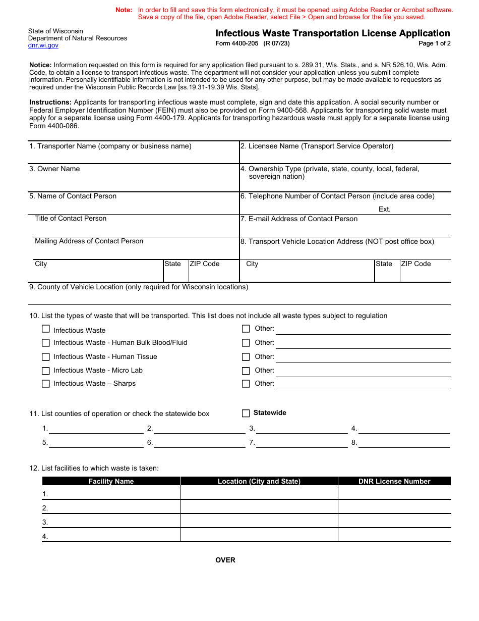 Form 4400-205 Infectious Waste Transportation License Application - Wisconsin, Page 1