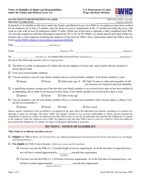 Form WH-381 Notice of Eligibility &amp; Rights and Responsibilities Under the Family and Medical Leave Act