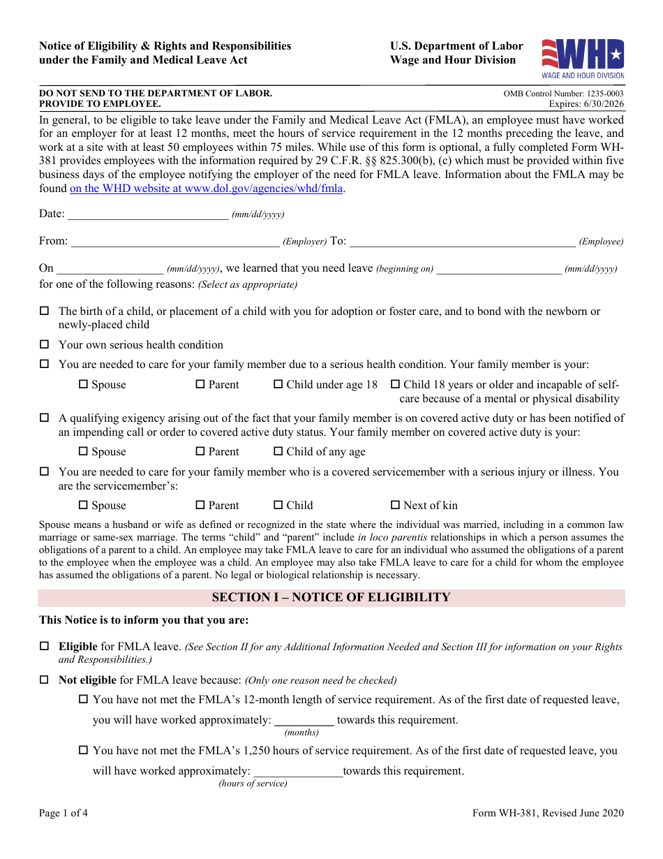 Form WH-381 Notice of Eligibility  Rights and Responsibilities Under the Family and Medical Leave Act, Page 1