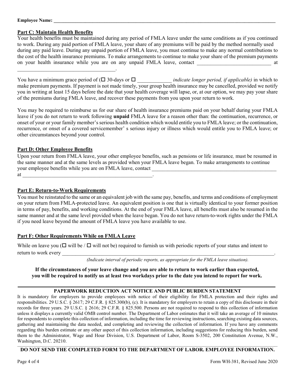 Form WH-381 Notice of Eligibility  Rights and Responsibilities Under the Family and Medical Leave Act, Page 4