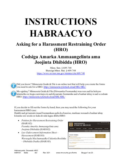 Form HAR101 Instructions - Asking for a Harassment Restraining Order (Hro) - Minnesota (English/Somali)