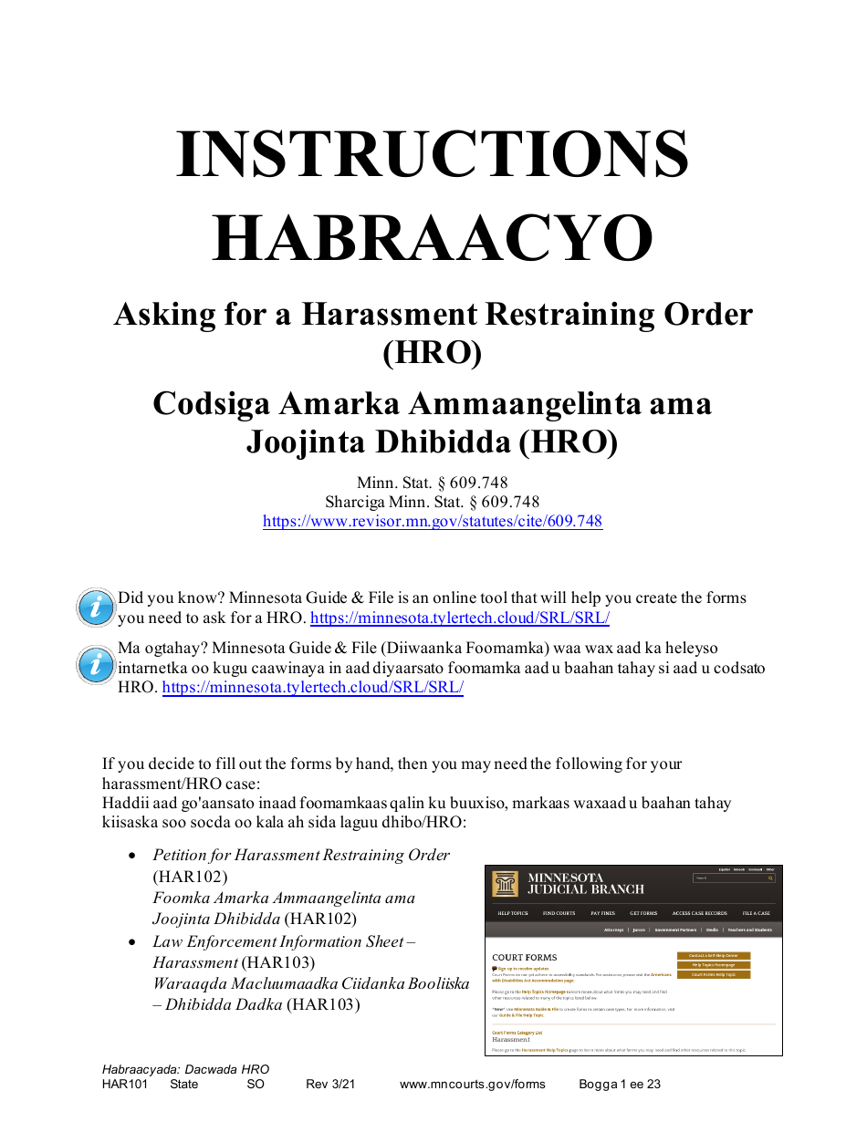 Form HAR101 Instructions - Asking for a Harassment Restraining Order (Hro) - Minnesota (English / Somali), Page 1