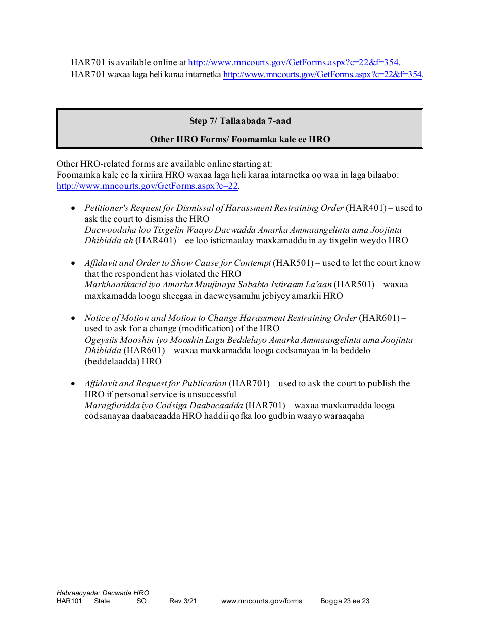 Form HAR101 Instructions - Asking for a Harassment Restraining Order (Hro) - Minnesota (English / Somali), Page 23