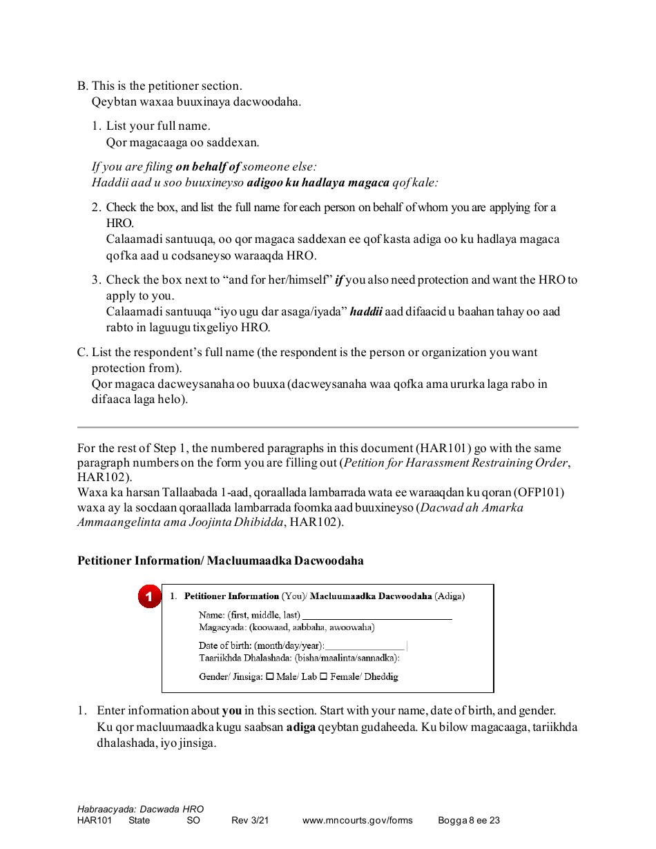 Form HAR101 Instructions - Asking for a Harassment Restraining Order (Hro) - Minnesota (English / Somali), Page 8