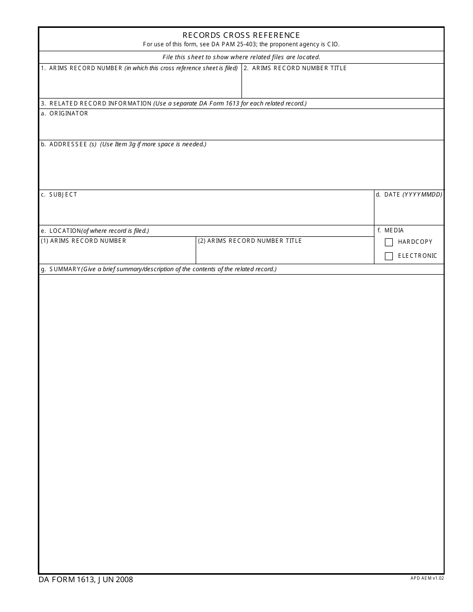 DA Form 1613 Records Cross Reference, Page 1