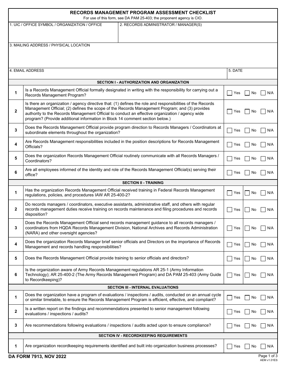 DA Form 7913 Records Management Program Assessment Checklist, Page 1