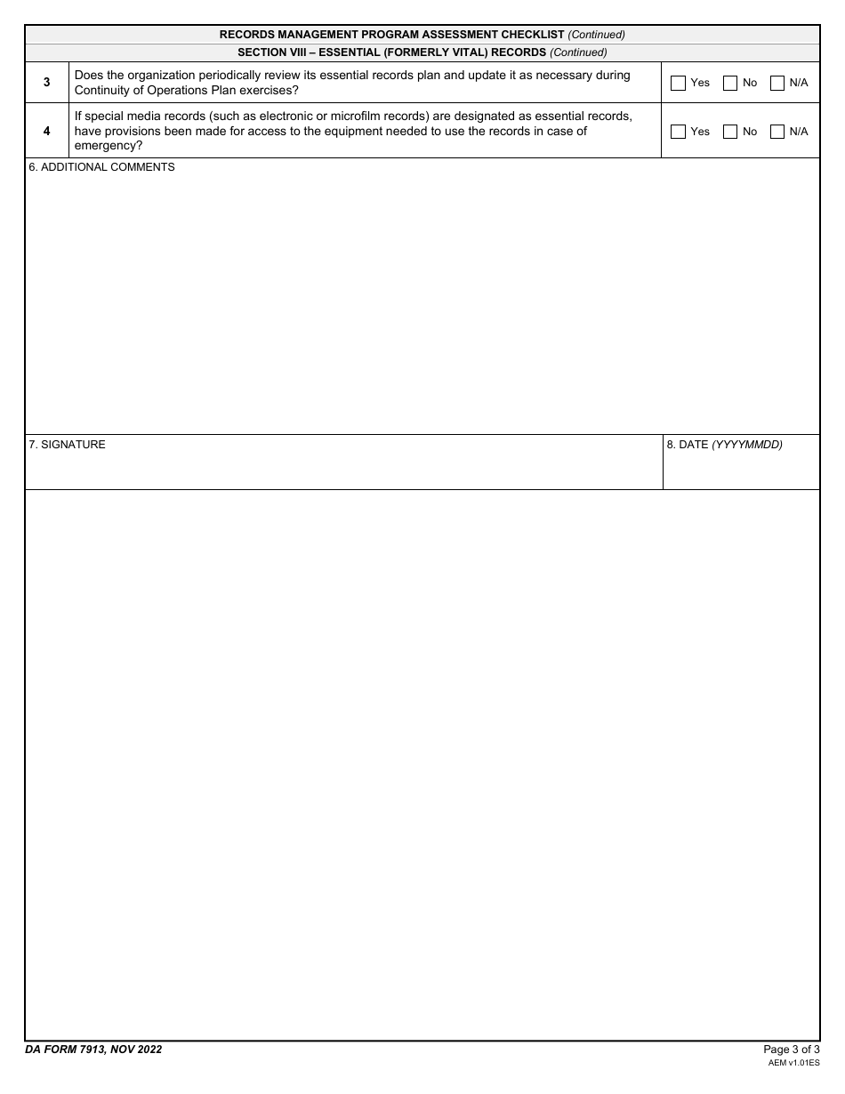 DA Form 7913 Records Management Program Assessment Checklist, Page 3