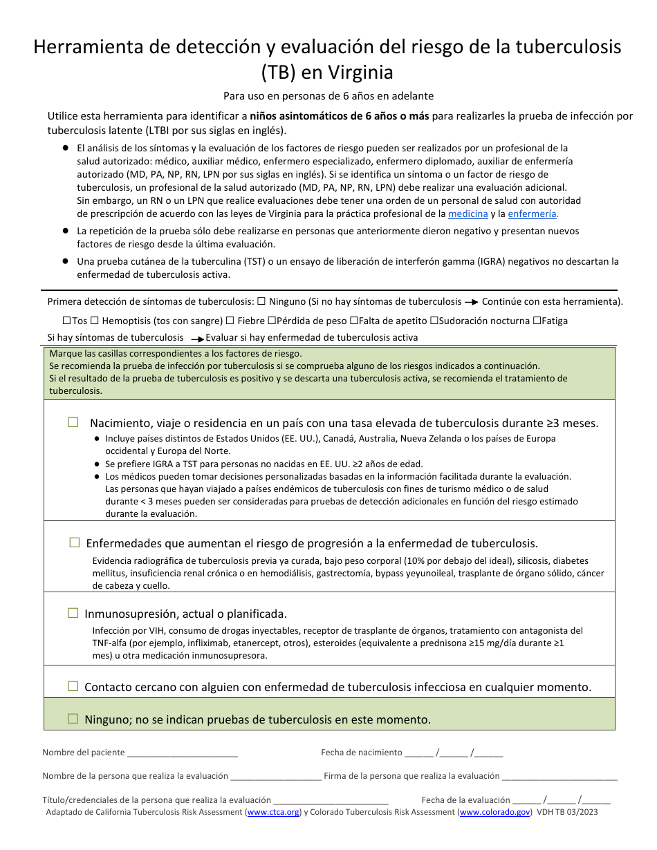 Herramienta De Deteccion Y Evaluacion Del Riesgo De La Tuberculosis (Tb) En Virginia Para Uso En Personas De 6 Anos En Adelante - Virginia (Spanish), Page 1