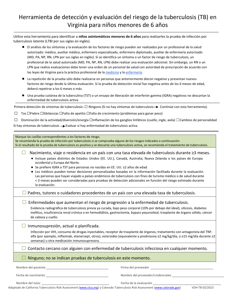 Herramienta De Deteccion Y Evaluacion Del Riesgo De La Tuberculosis (Tb) En Virginia Para Ninos Menores De 6 Anos - Virginia (Spanish), Page 1