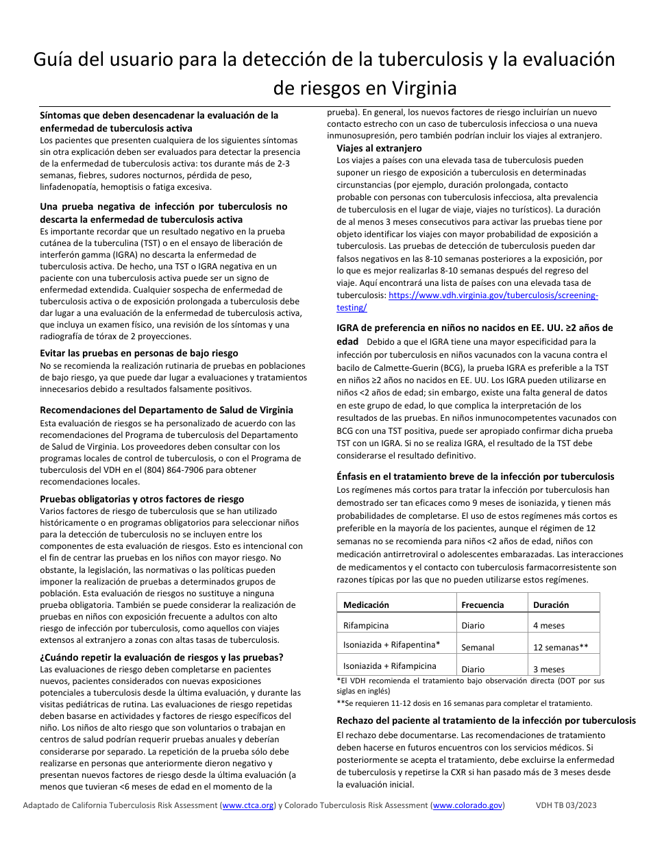 Herramienta De Deteccion Y Evaluacion Del Riesgo De La Tuberculosis (Tb) En Virginia Para Ninos Menores De 6 Anos - Virginia (Spanish), Page 2