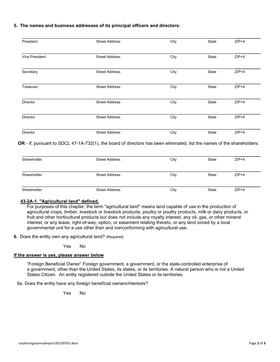 Annual Report - Foreign Business Corporation - South Dakota, Page 2