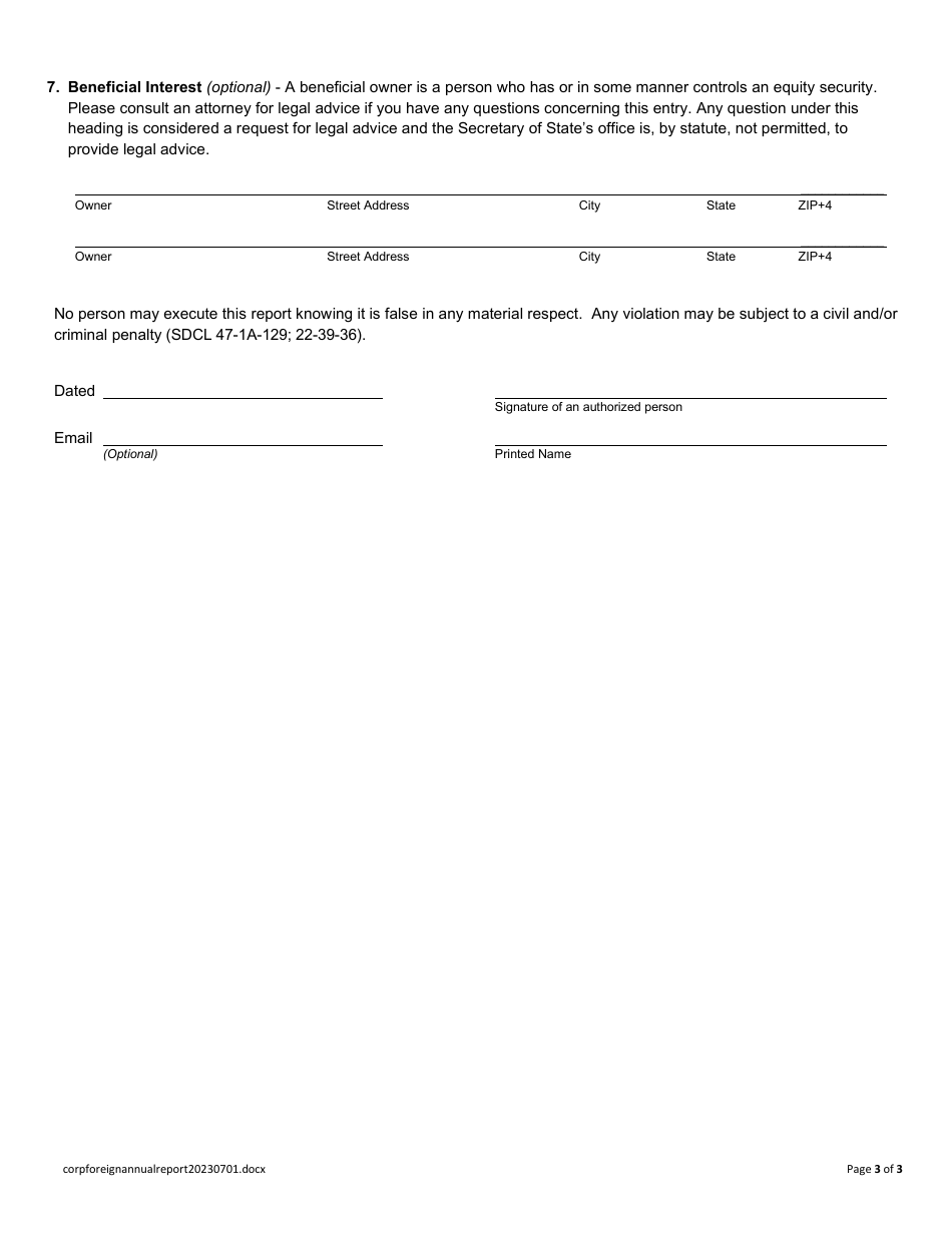 Annual Report - Foreign Business Corporation - South Dakota, Page 3
