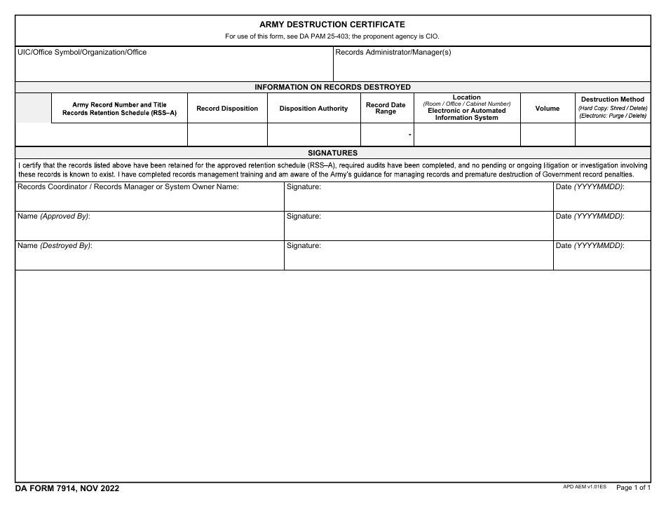 DA Form 7914 Army Destruction Certificate, Page 1