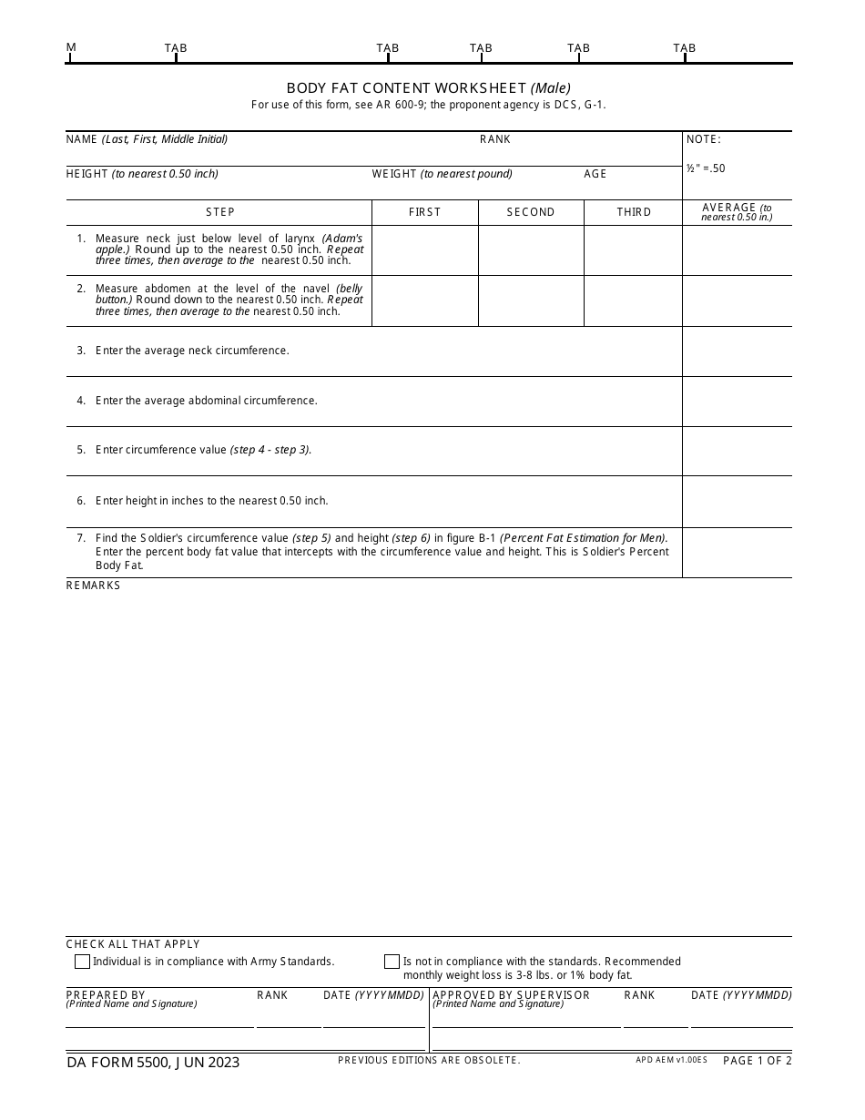 DA Form 5500 Body Fat Content Worksheet (Male), Page 1