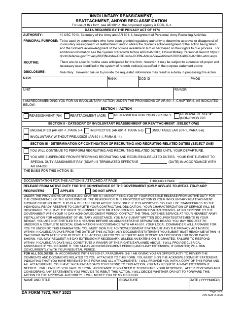 DA Form 7872 Involuntary Reassignment, Reattachment, and/or Reclassification