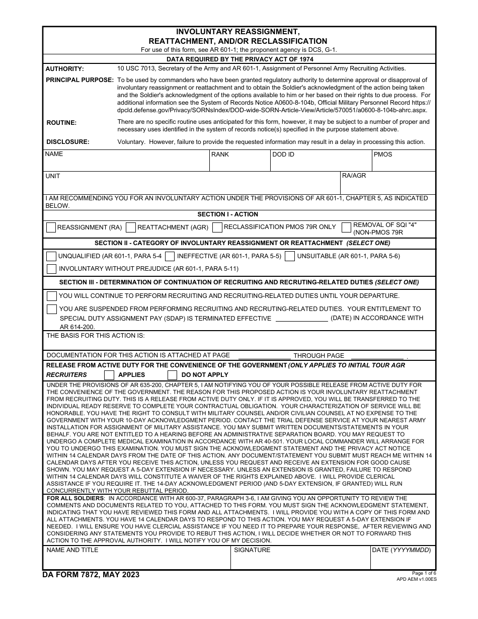 DA Form 7872 Involuntary Reassignment, Reattachment, and / or Reclassification, Page 1