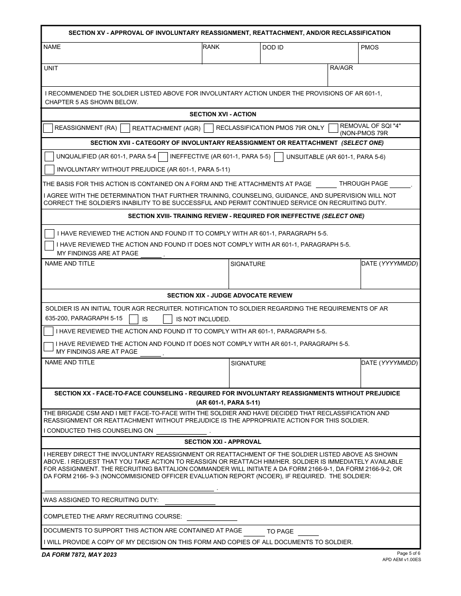 DA Form 7872 Involuntary Reassignment, Reattachment, and / or Reclassification, Page 5
