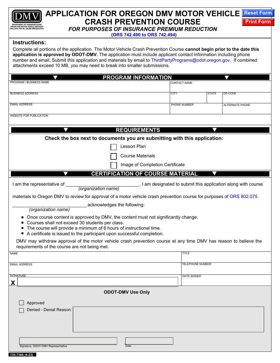 Form 735-7366 Application for Oregon DMV Motor Vehicle Crash Prevention Course for Purposes of Insurance Premium Reduction - Oregon, Page 1
