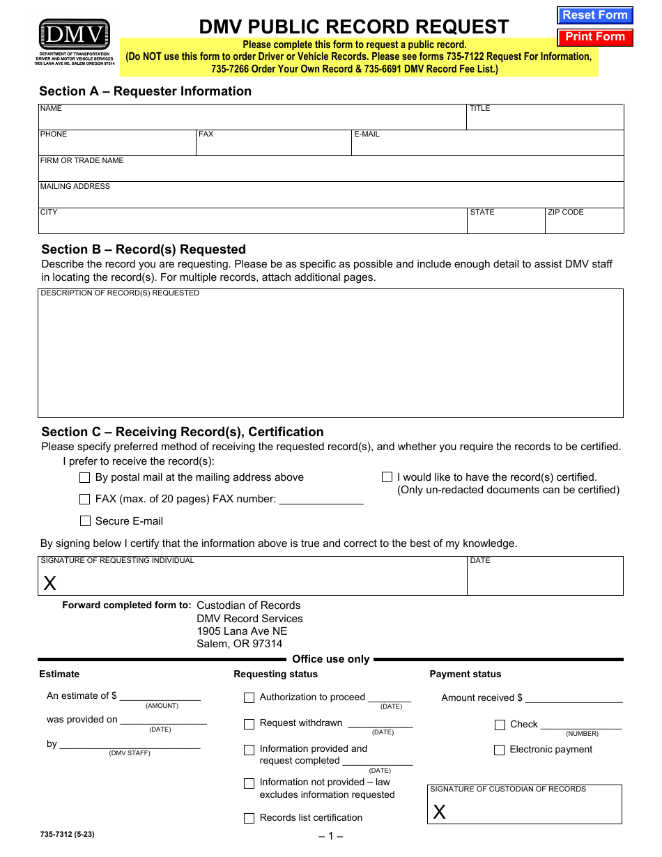 Form 735-7312 DMV Public Record Request - Oregon, Page 1