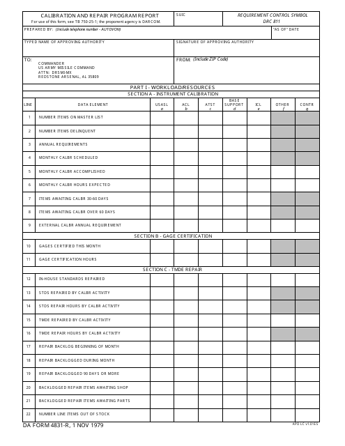 DA Form 4831-R Calibration and Repair Program Report