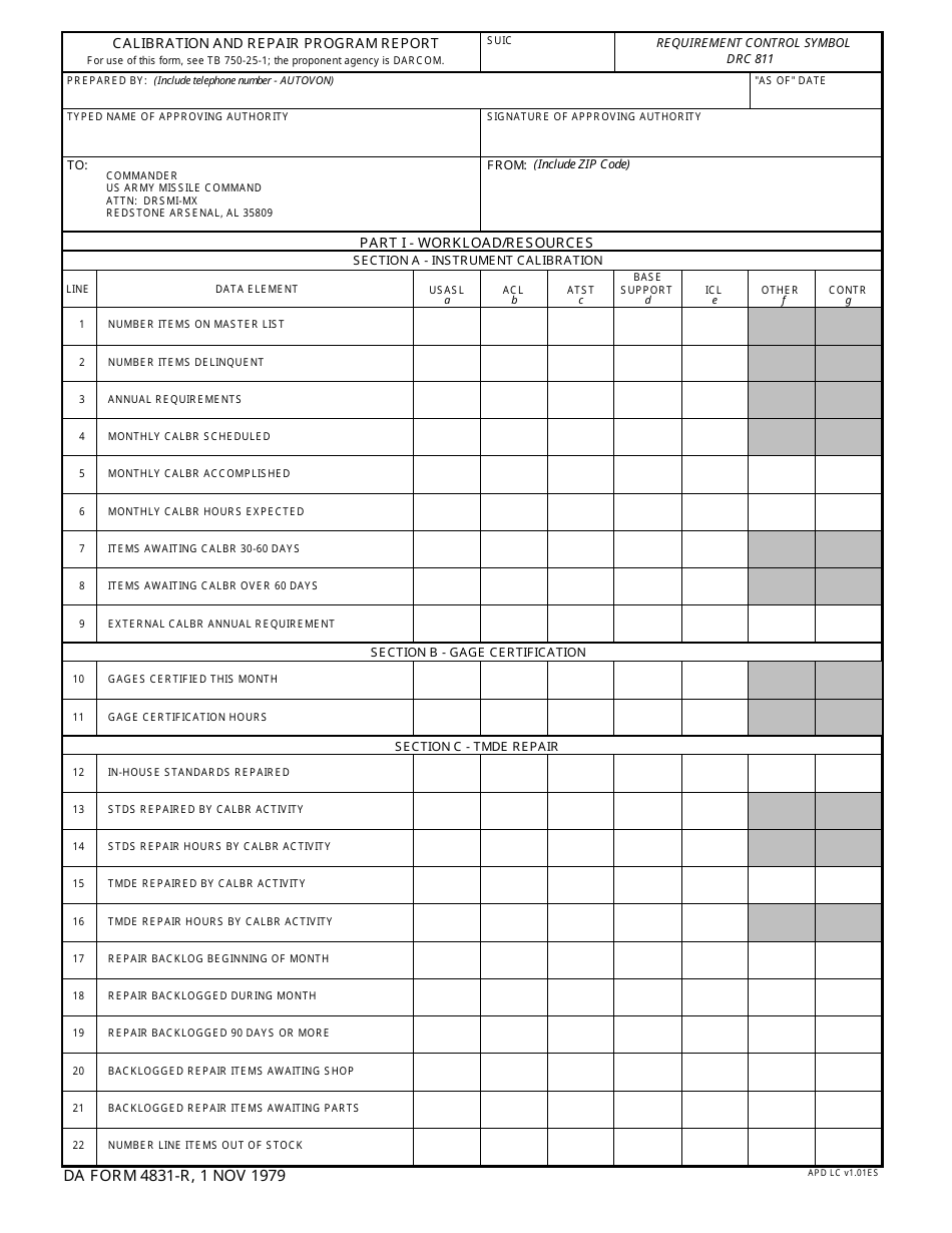 DA Form 4831-R Calibration and Repair Program Report, Page 1
