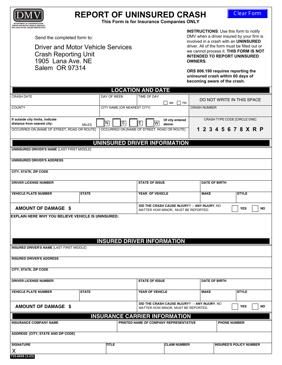 Form 735 6659 Download Fillable PDF Or Fill Online Report Of Uninsured   Form 735 6659 Report Of Uninsured Crash Oregon Print Big 