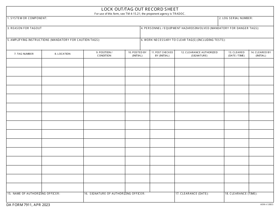 DA Form 7911 Lock out / Tag out Record Sheet, Page 1