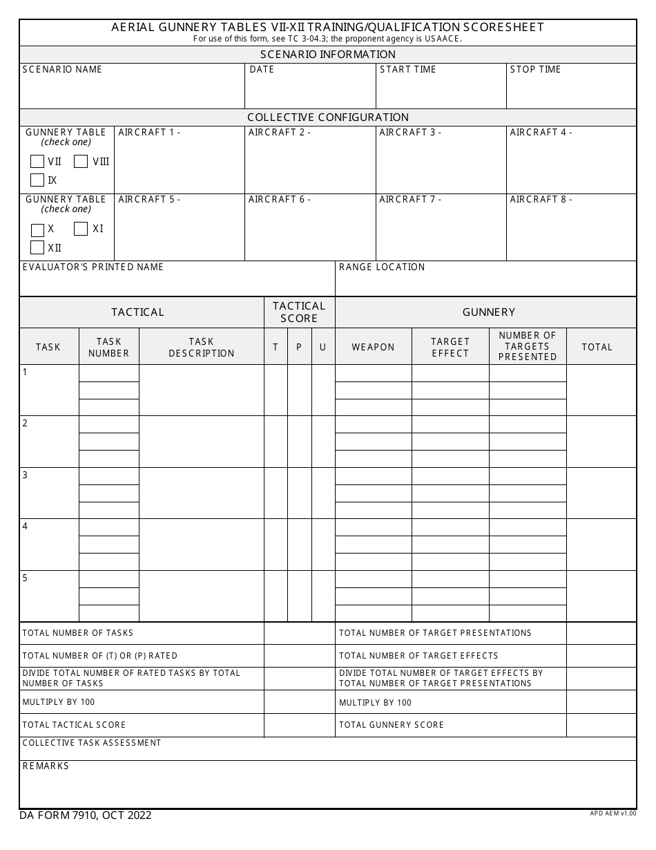 DA Form 7910 Aerial Gunnery Tables VII-XII Training / Qualification Scoresheet, Page 1