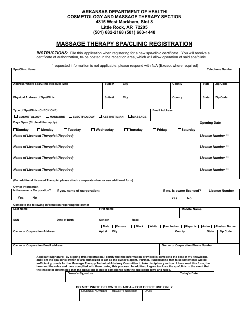 Massage Therapy SPA / Clinic Registration - Arkansas Download Pdf