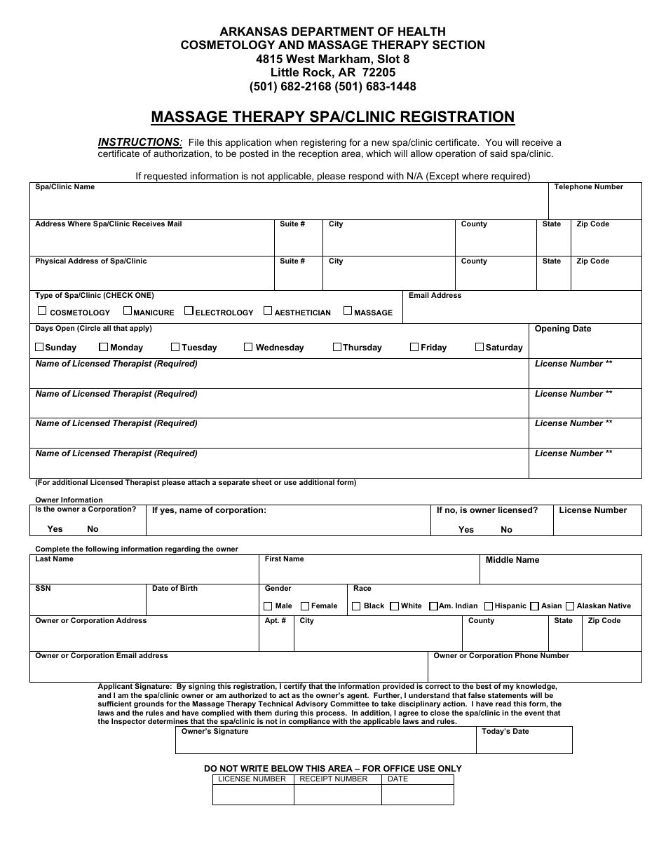 Arkansas Massage Therapy Spaclinic Registration Fill Out Sign Online And Download Pdf 0917