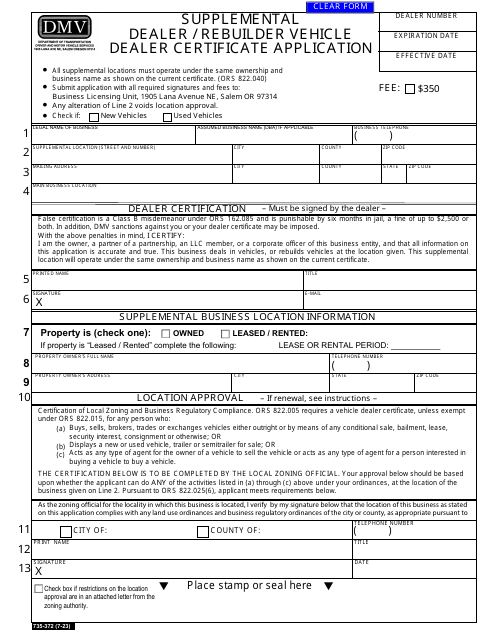 Form 735-372 Supplemental Dealer/Rebuilder Vehicle Dealer Certificate Application - Oregon