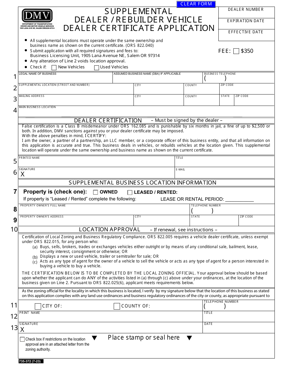 Form 735-372 Supplemental Dealer / Rebuilder Vehicle Dealer Certificate Application - Oregon, Page 1