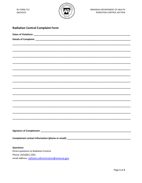 RC Form 721 Radiation Control Complaint Form - Arkansas