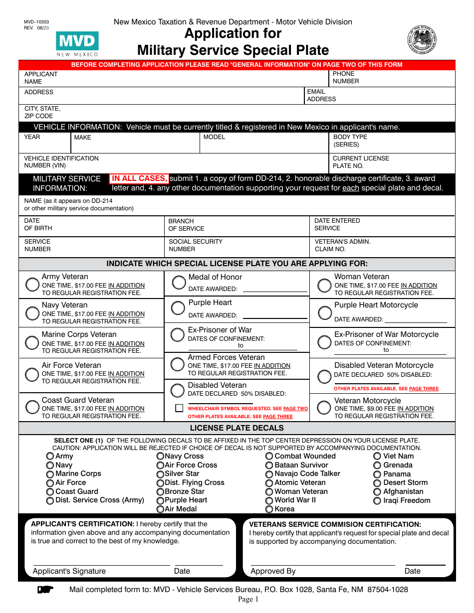 Form MVD10353 Fill Out, Sign Online and Download Printable PDF, New Mexico Templateroller
