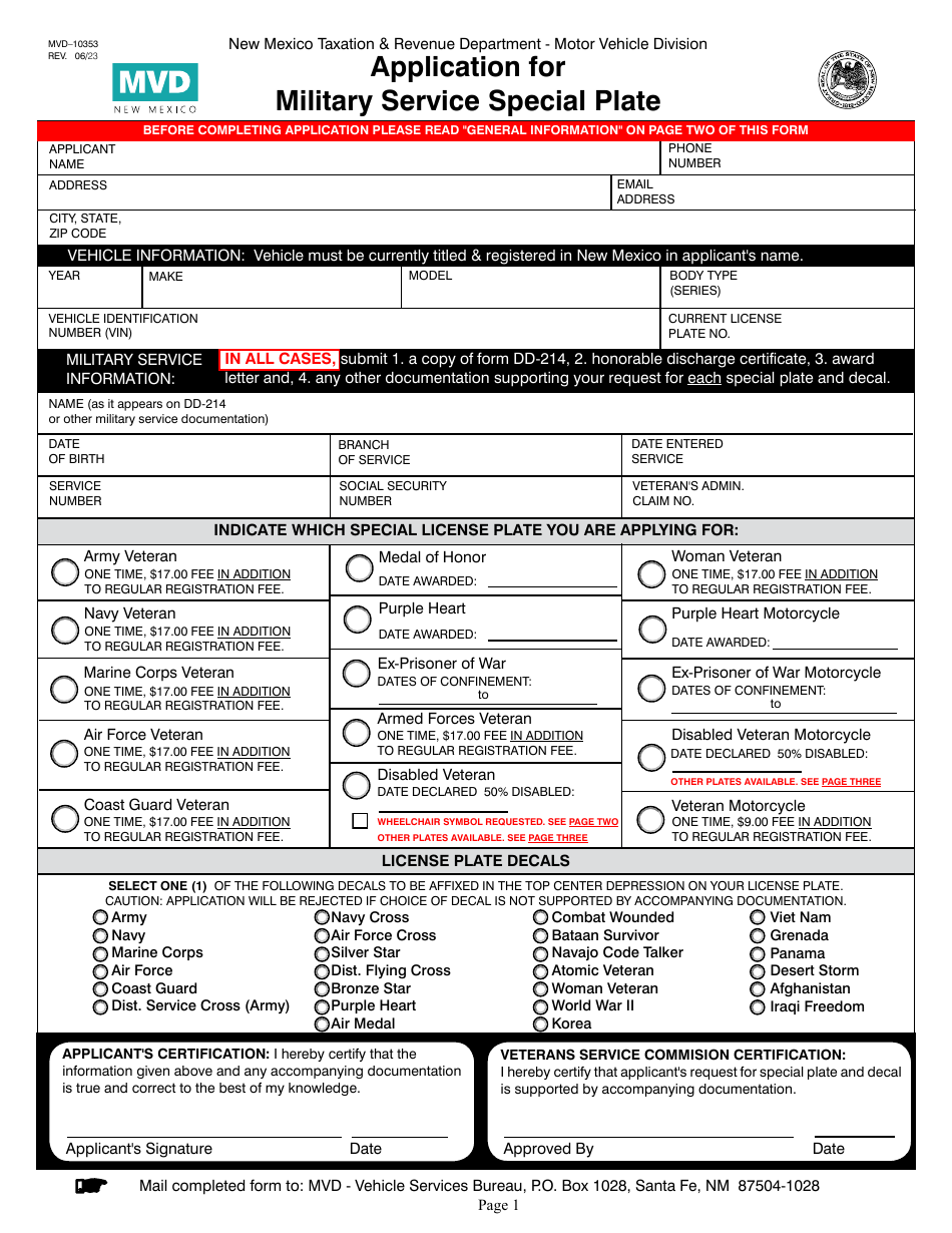 Form MVD-10353 Application for Military Service Special Plate - New Mexico, Page 1