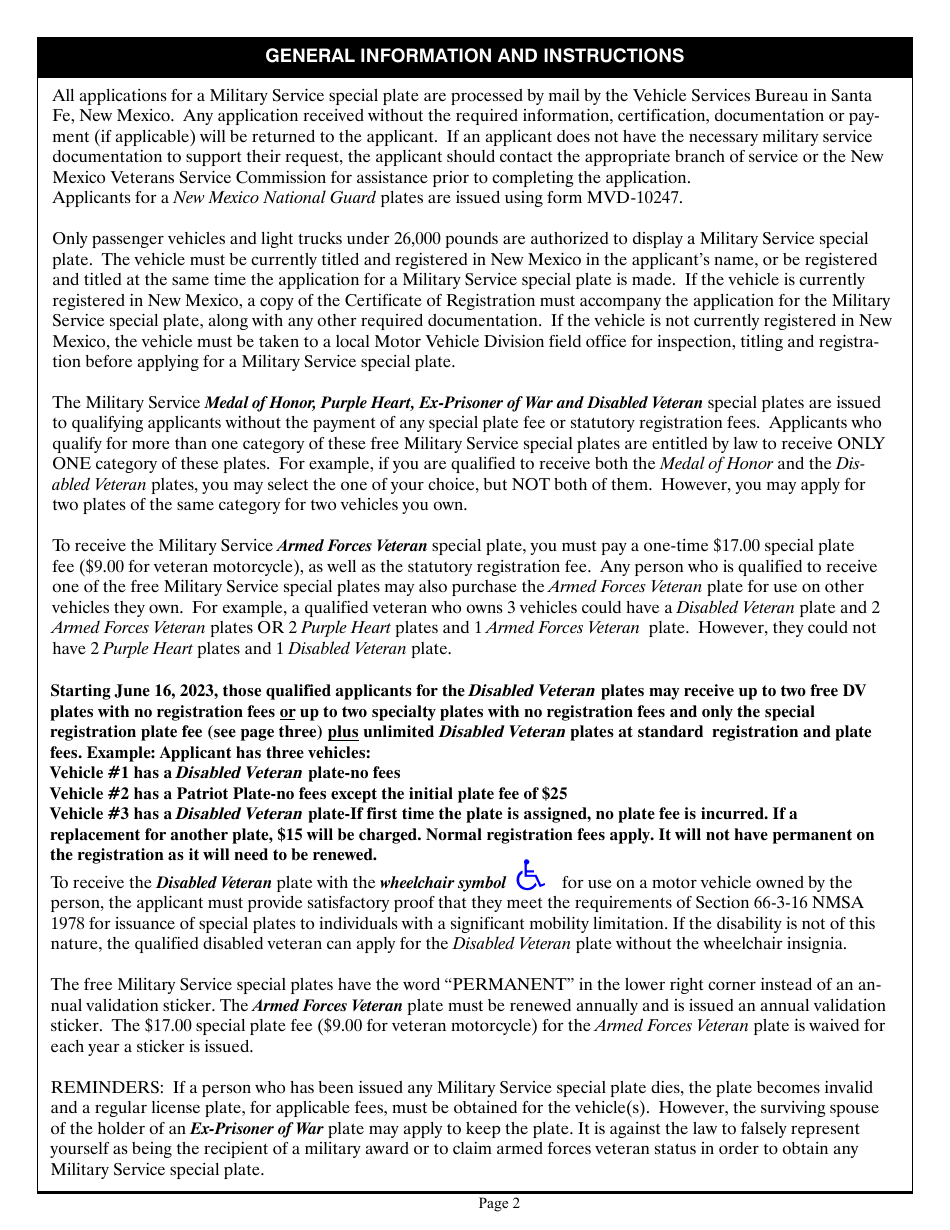 Form MVD-10353 Application for Military Service Special Plate - New Mexico, Page 2