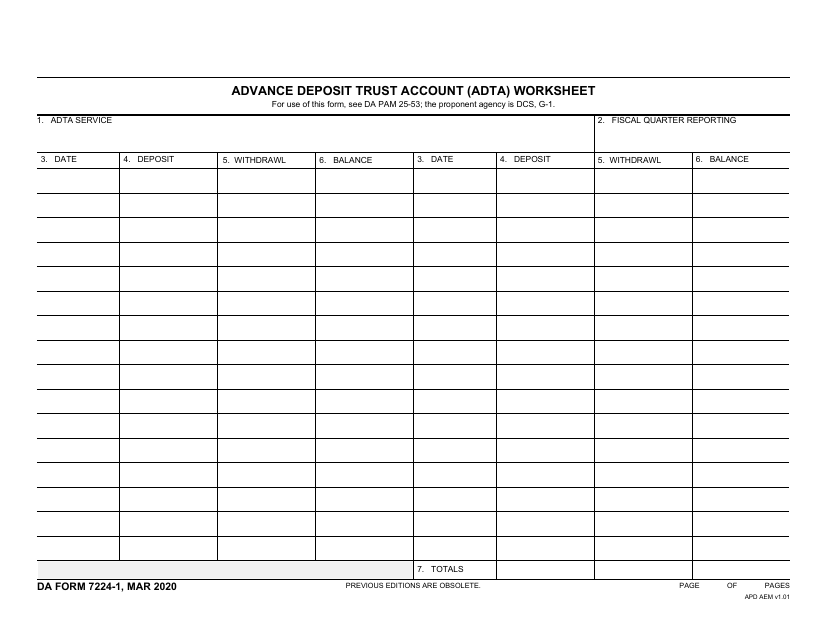 DA Form 7224-1 Advance Deposit Trust Account (Adta) Worksheet
