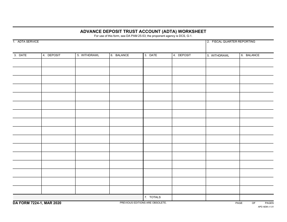 DA Form 7224-1 Advance Deposit Trust Account (Adta) Worksheet, Page 1