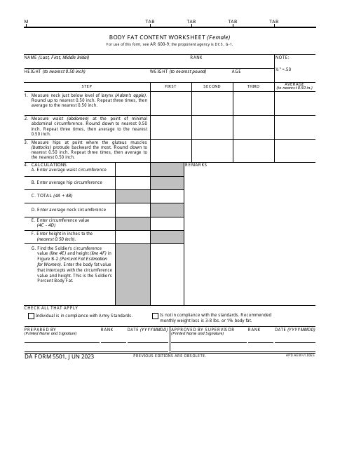 DA Form 5501 Body Fat Content Worksheet (Female)