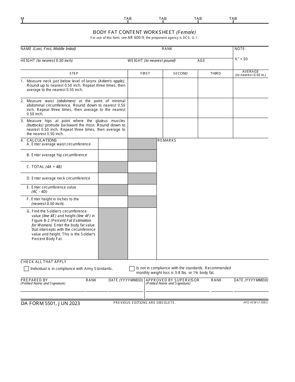 DA Form 5501 Body Fat Content Worksheet (Female), Page 1