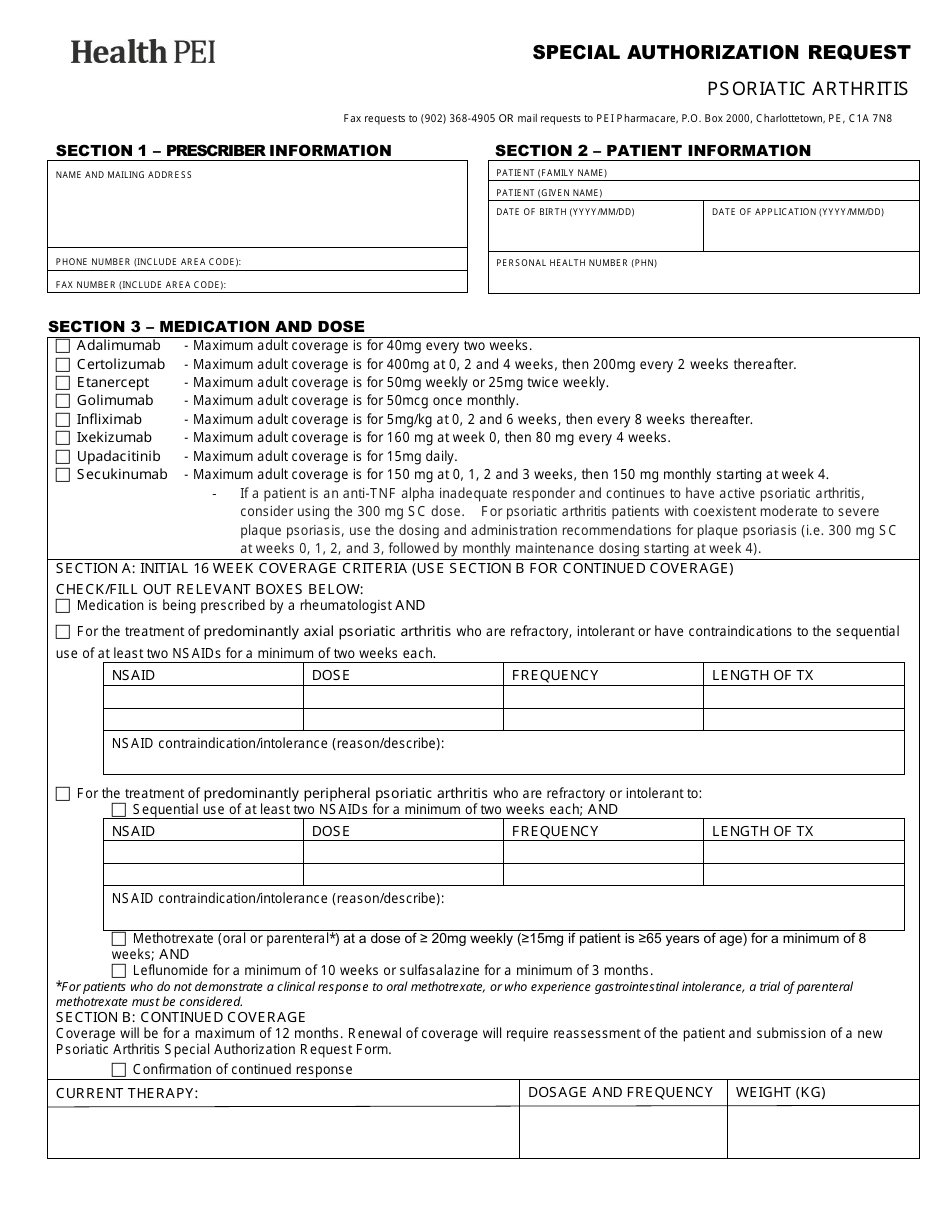 Special Authorization Request - Psoriatic Arthritis - Prince Edward Island, Canada, Page 1