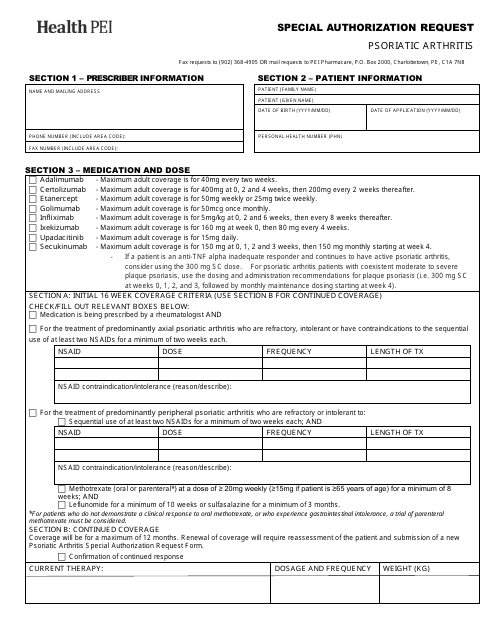 Special Authorization Request - Psoriatic Arthritis - Prince Edward Island, Canada Download Pdf