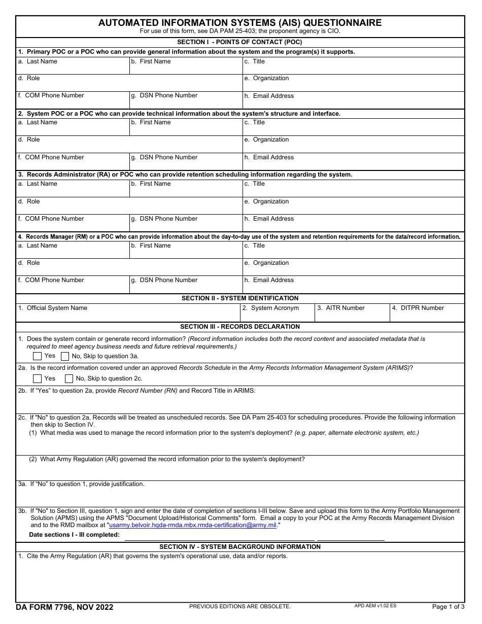 DA Form 7796 Download Fillable PDF or Fill Online Automated Information ...