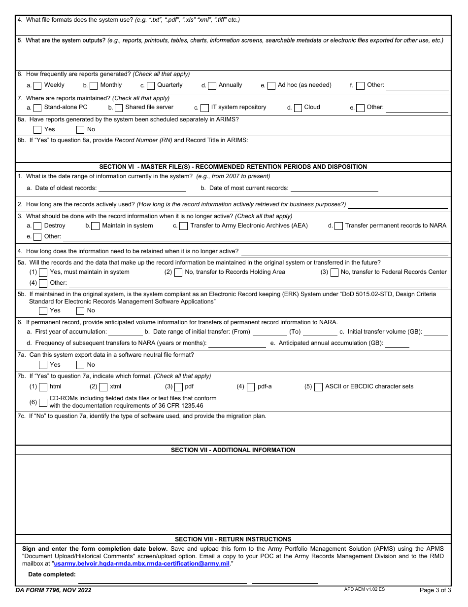 DA Form 7796 Automated Information Systems (Ais) Questionnaire, Page 3