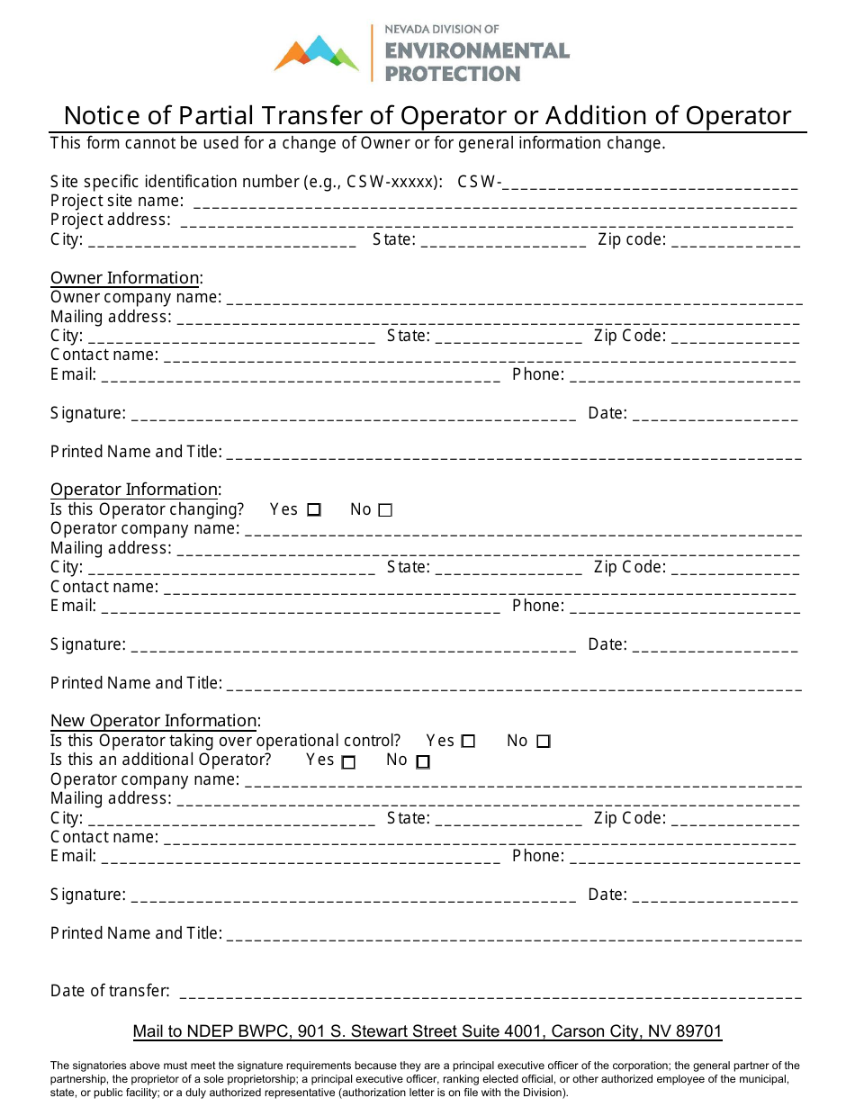 Operator Form Nevada Notice of Partial Transfer of Operator or Addition of Operator ...