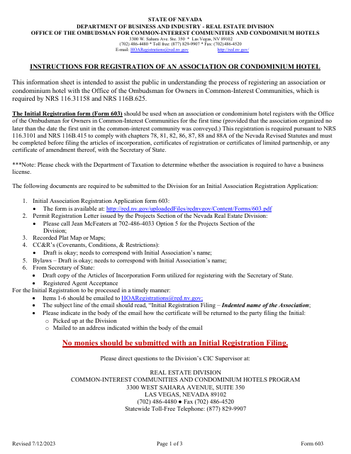 Form 603 Initial Association Registration - Nevada