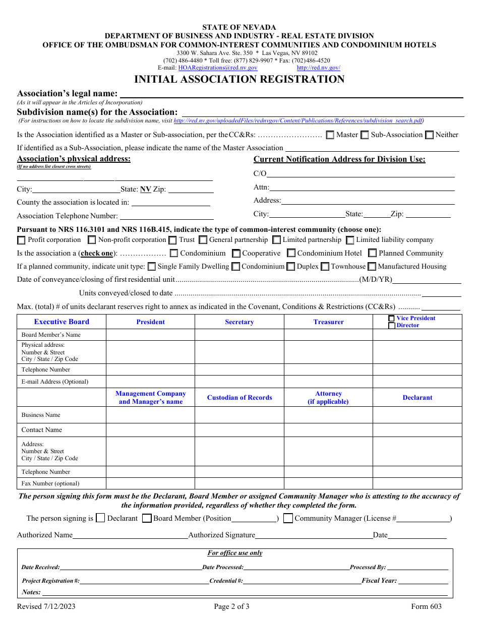 Form 603 Initial Association Registration - Nevada, Page 2