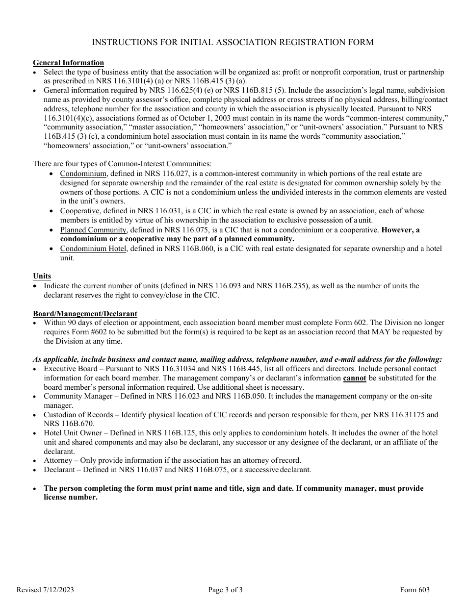 Form 603 Initial Association Registration - Nevada, Page 3