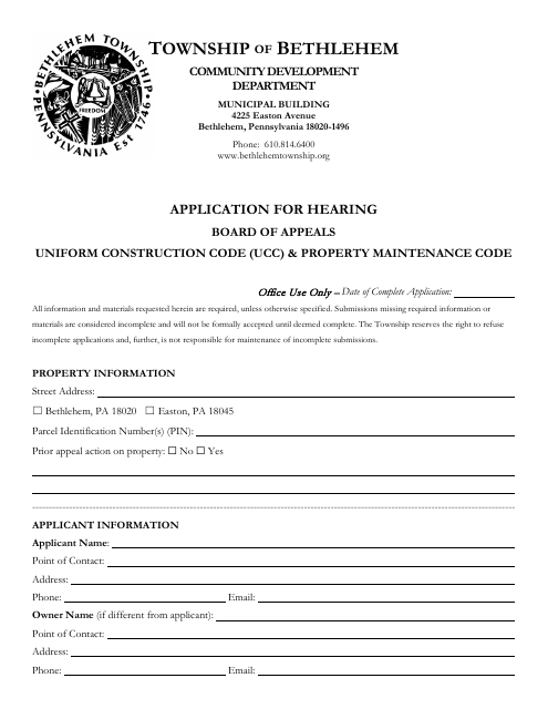 Board of Appeals Application for Hearing - Bethlehem Township, Pennsylvania Download Pdf
